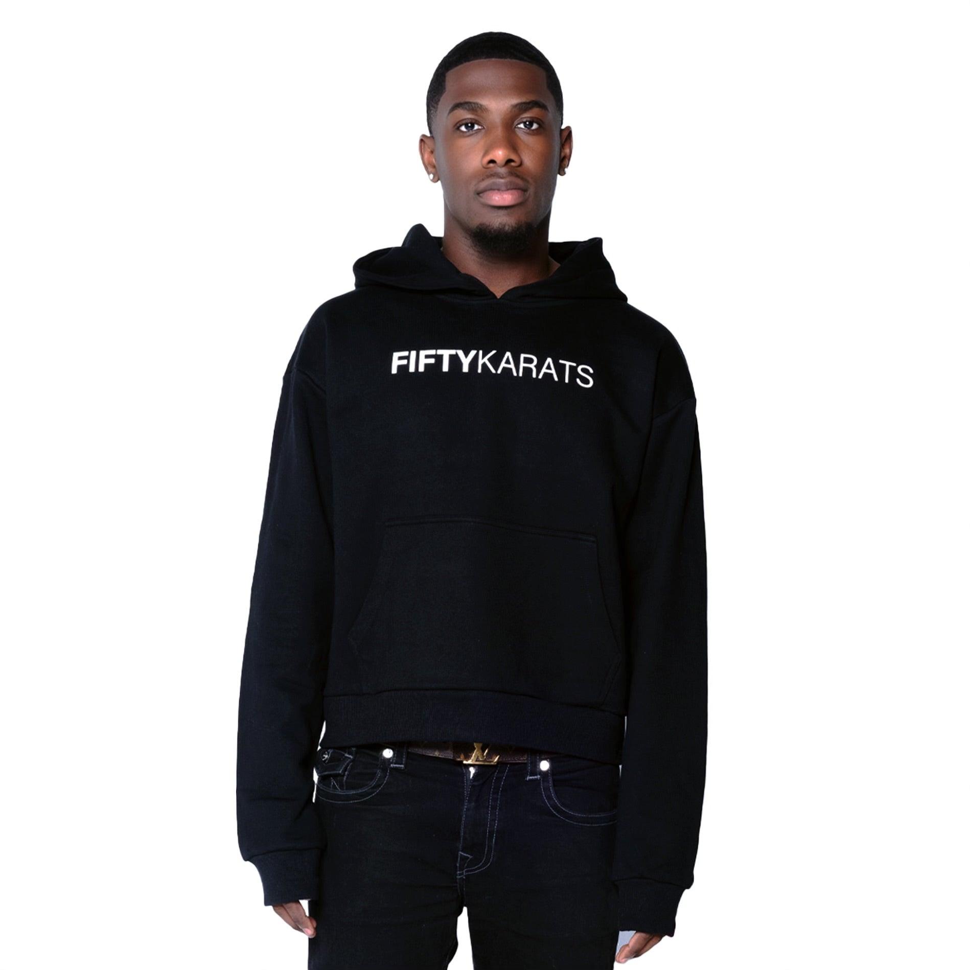 Make Money Not Friends Hoodie on model with Fifty Karats logo on front