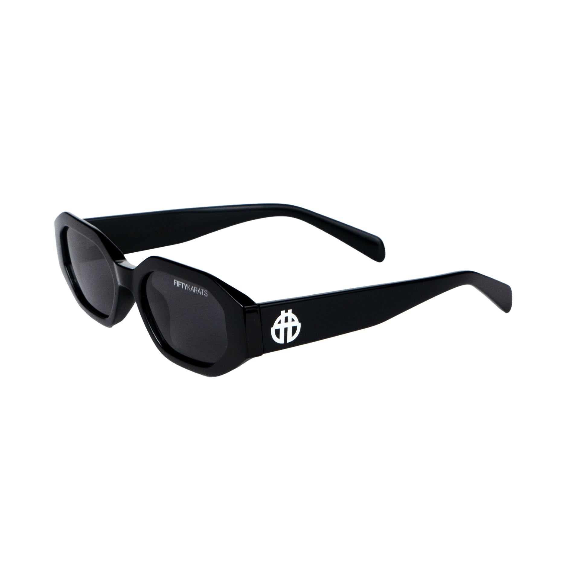 Blackjack Sunglasses Side with Fifty Karats logo on lens and beetle logo on Side