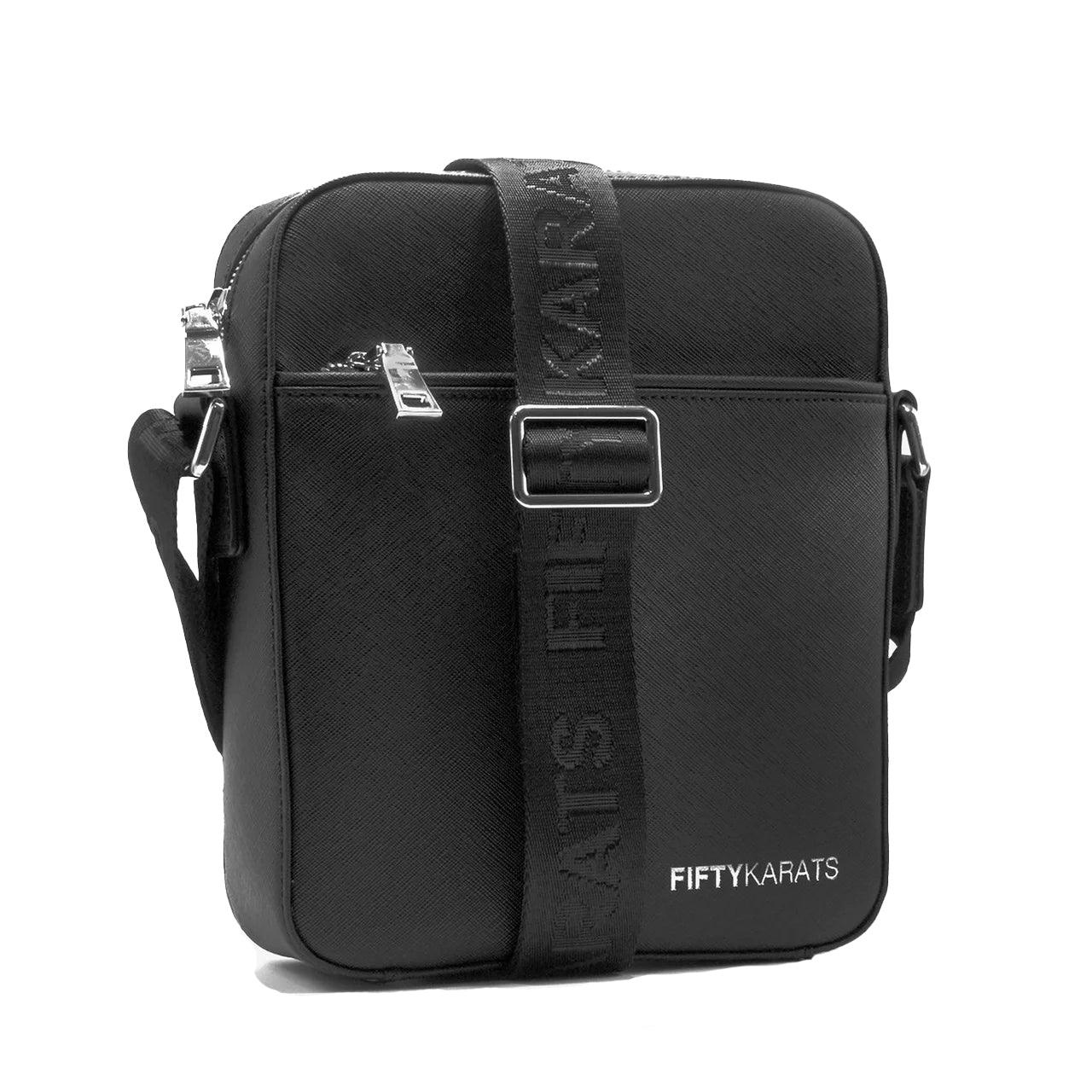  Black Fifty Karats Explorer Messenger Bag Front with Fifty Karats logo on bottom corner