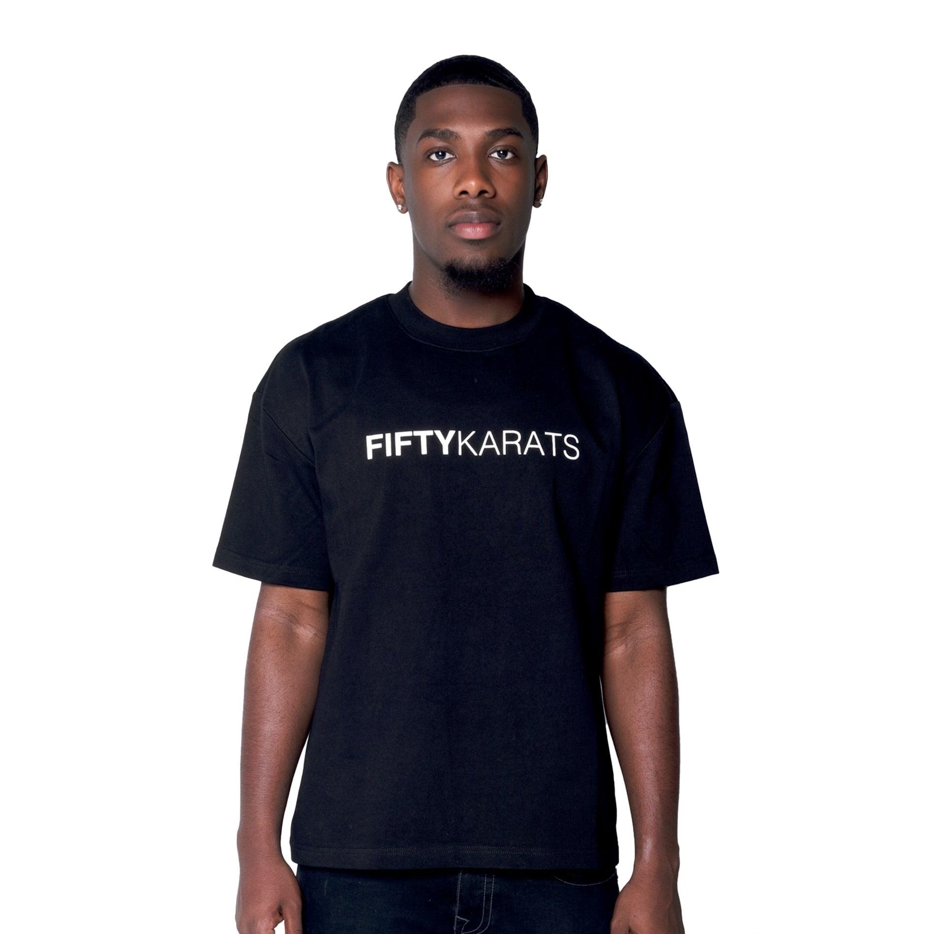 Black Fifty Karats Make Money Not Friends T-Shirt Front with Fifty Karats logo on front with model 