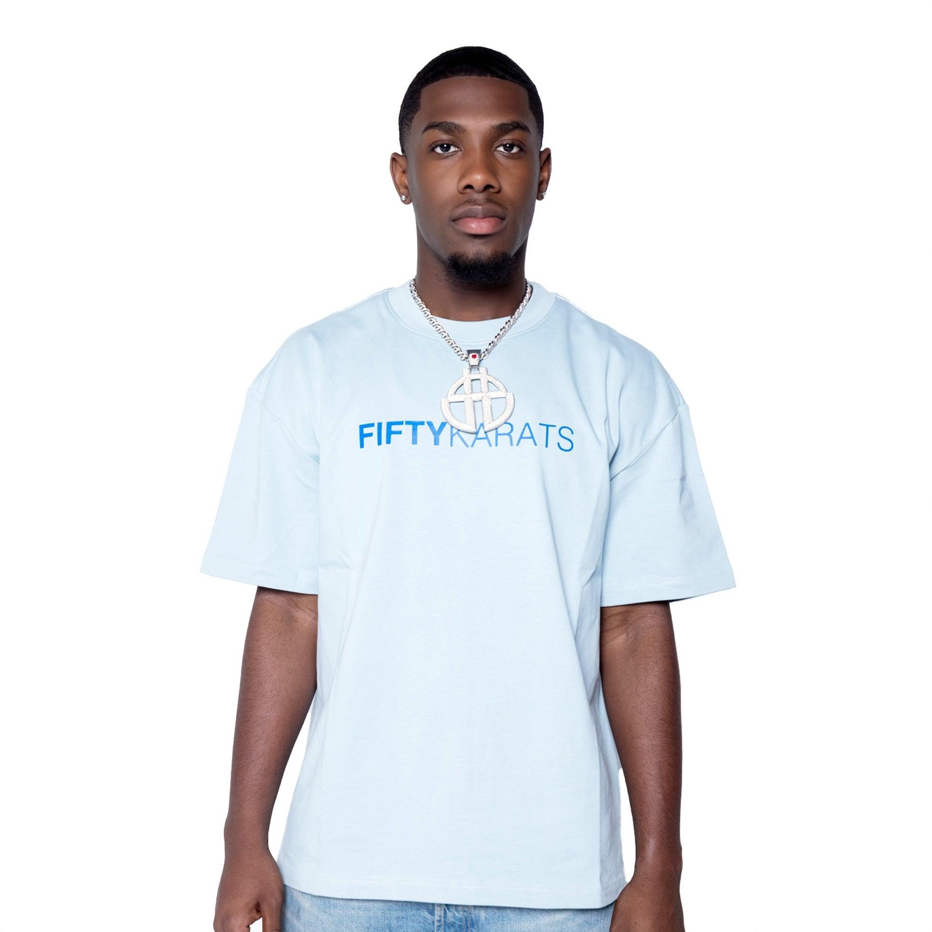 Blue Fifty Karats Make Money Not Friends T-Shirt Front with Fifty Karats logo on front with model 
