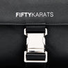 Fifty Karats Quest Messenger Bag Front with Fifty Karats logo on front pouch with metal buckle enclosure detailed