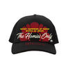 Fifty Karats X Haloe Blü X Soho Beach House® Trucker Hat with Haloe Blü logo in red and "What happens at soho stays at soho" in yellow text, with the Homies Only text in cream color and Fifty Karats logo and beetle icon.