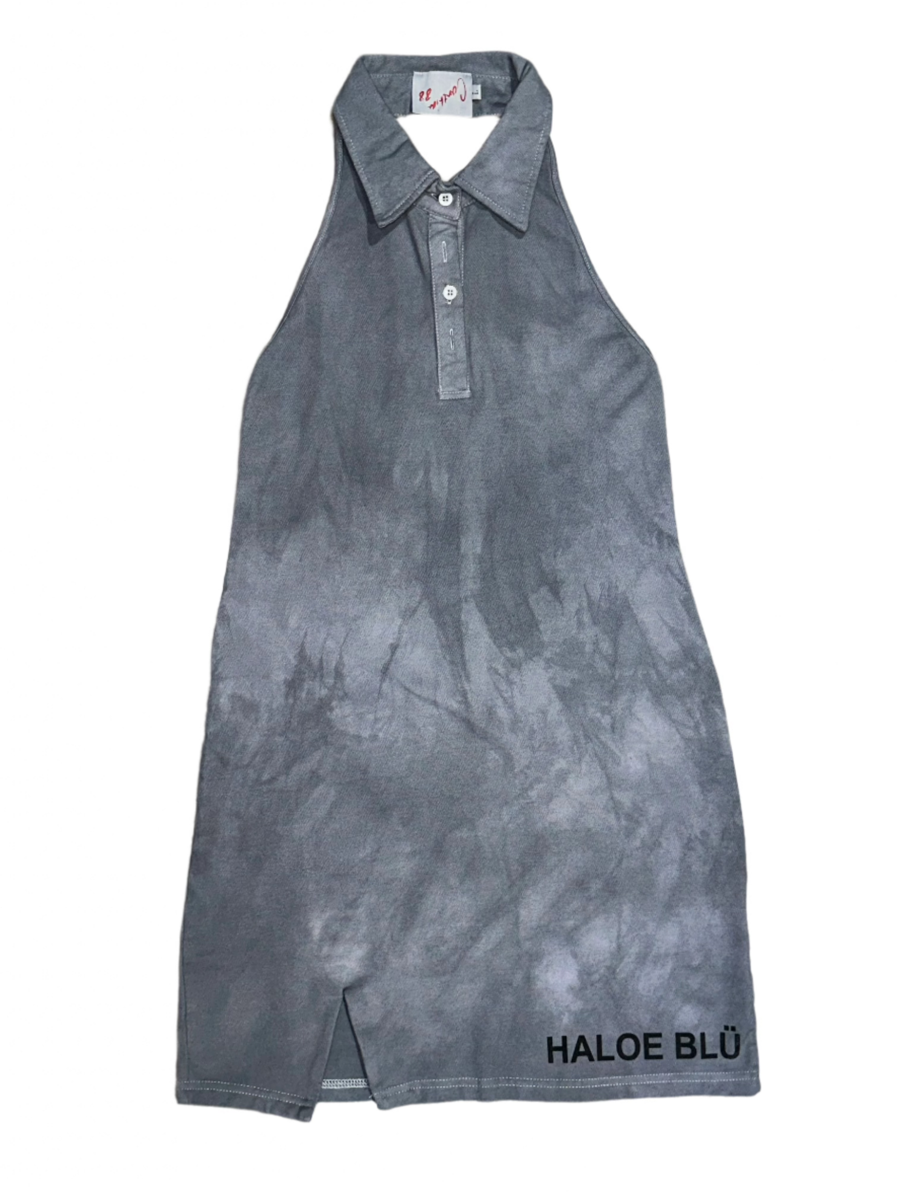 Haloe Blü Haloe Dress Front in a bold grey wash with black Haloe Blü icons