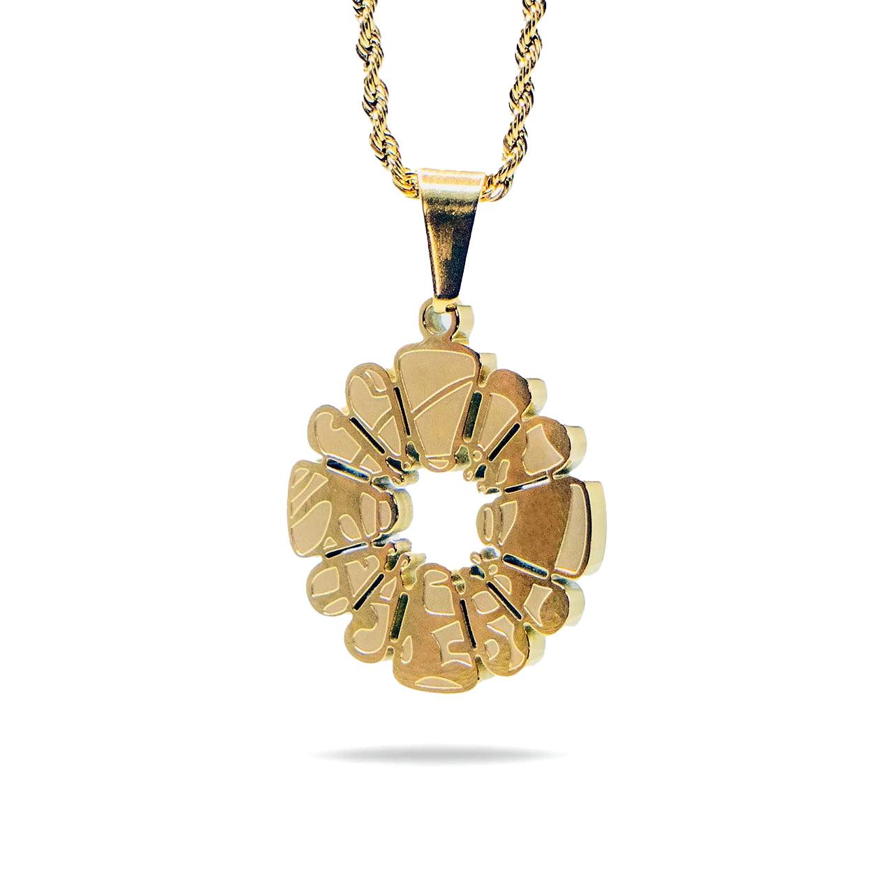Haloe Blü’s Classic Inner Haloe Pendant, designed by Carelaa™ and Twelve’Len™. Finished in 18k gold plating, this pendant delivers a bold yet refined look. Paired with a matching gold-plated necklace.