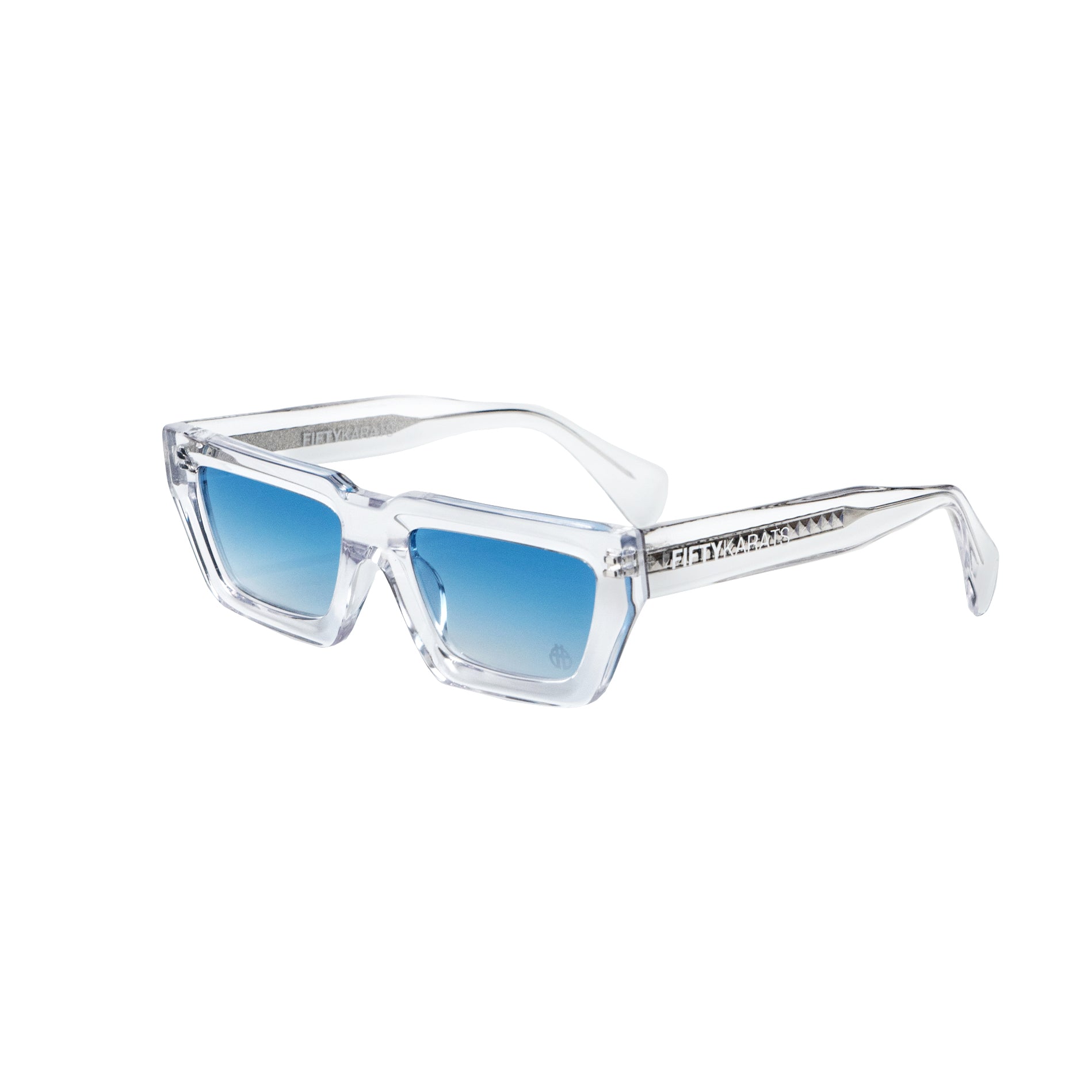 Sapphire Conductor Sunglasses Side with beetle icon logo on lens and Fifty Karats logo on arm 