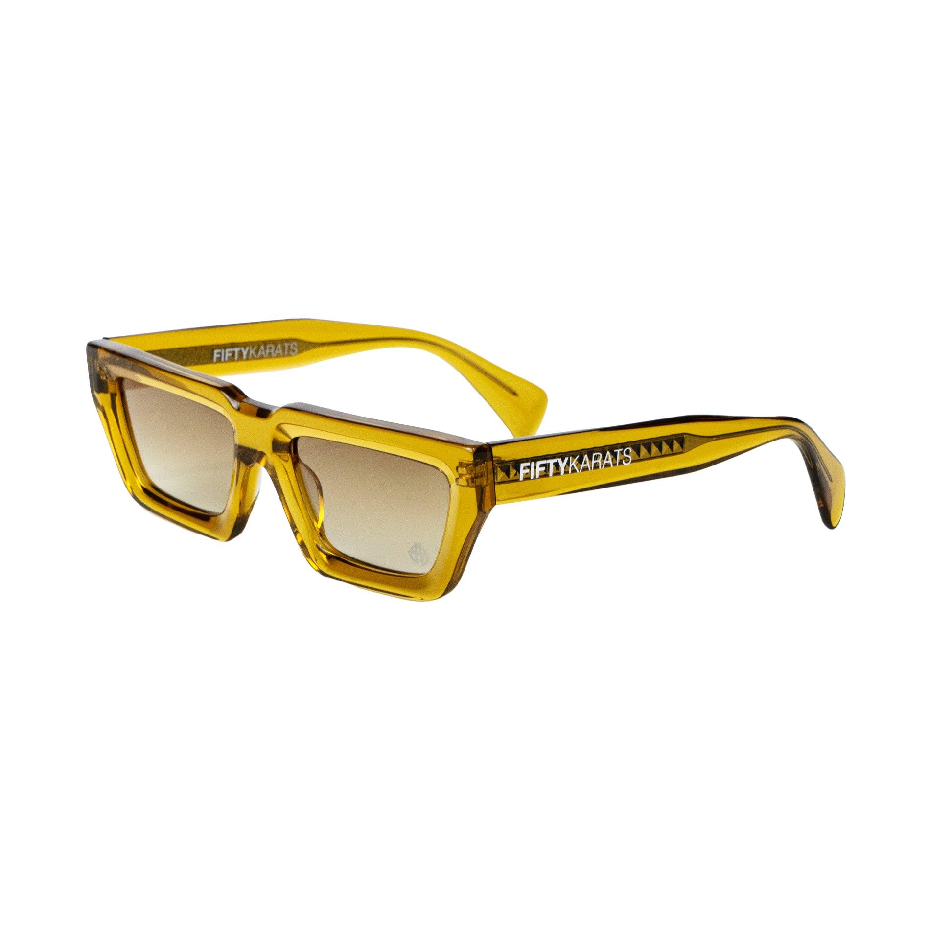 Topaz Conductor Sunglasses Side with beetle icon logo on lens and Fifty Karats logo on arm